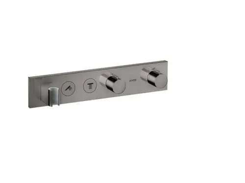 Thermostatmodul von AXOR in poliertem Schwarzchrom für zwei Verbraucher, montiert auf einer flachen Wandplatte mit drei Bedienelementen und einem separaten Hebel.